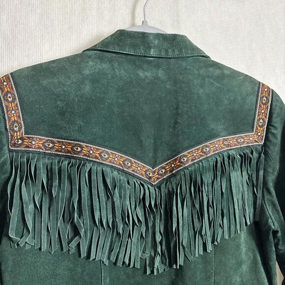 Scully Women's 10 Green Genuine Leather Navajo Patch Pocket Up Fringe Jacket - Picture 5 of 14
